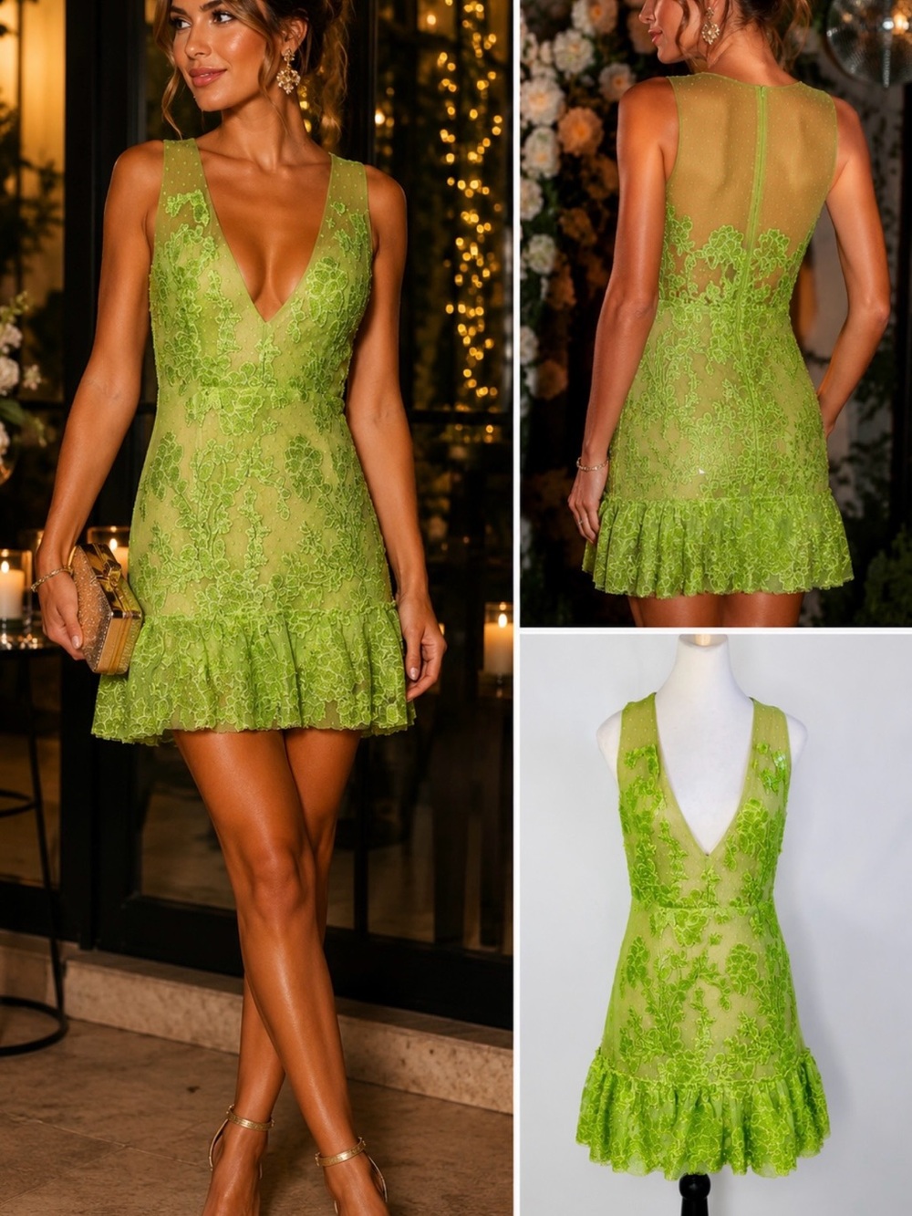 NBD Sweet Dreams Semi Sheer Nude Lined Sequined Ruffle Dress Sheer Back Sz M🧡